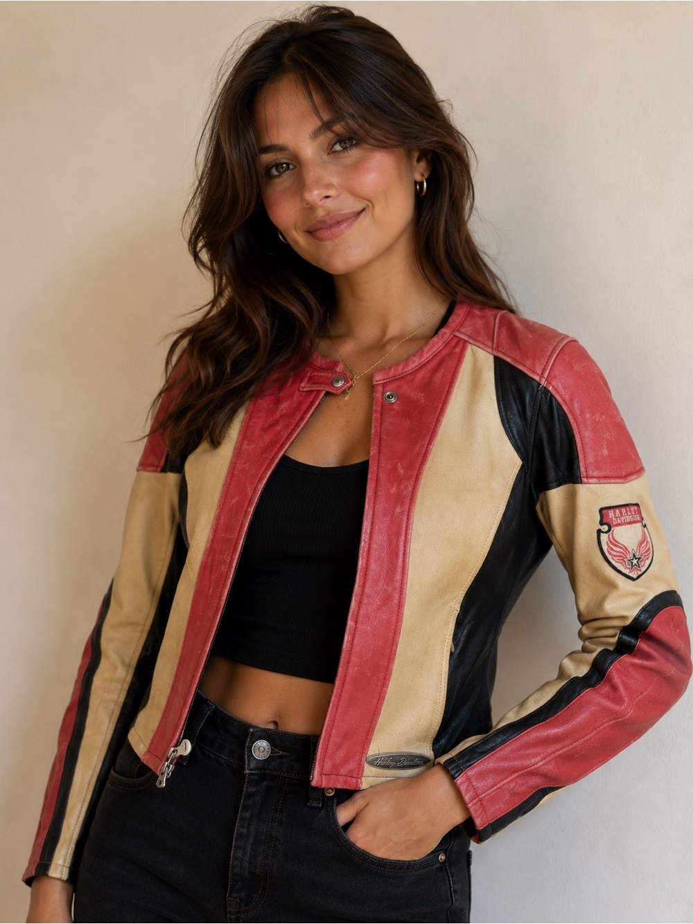 Vintage Harley-Davidson Oceanside color-blocked leather riding jacket wmns sz XS